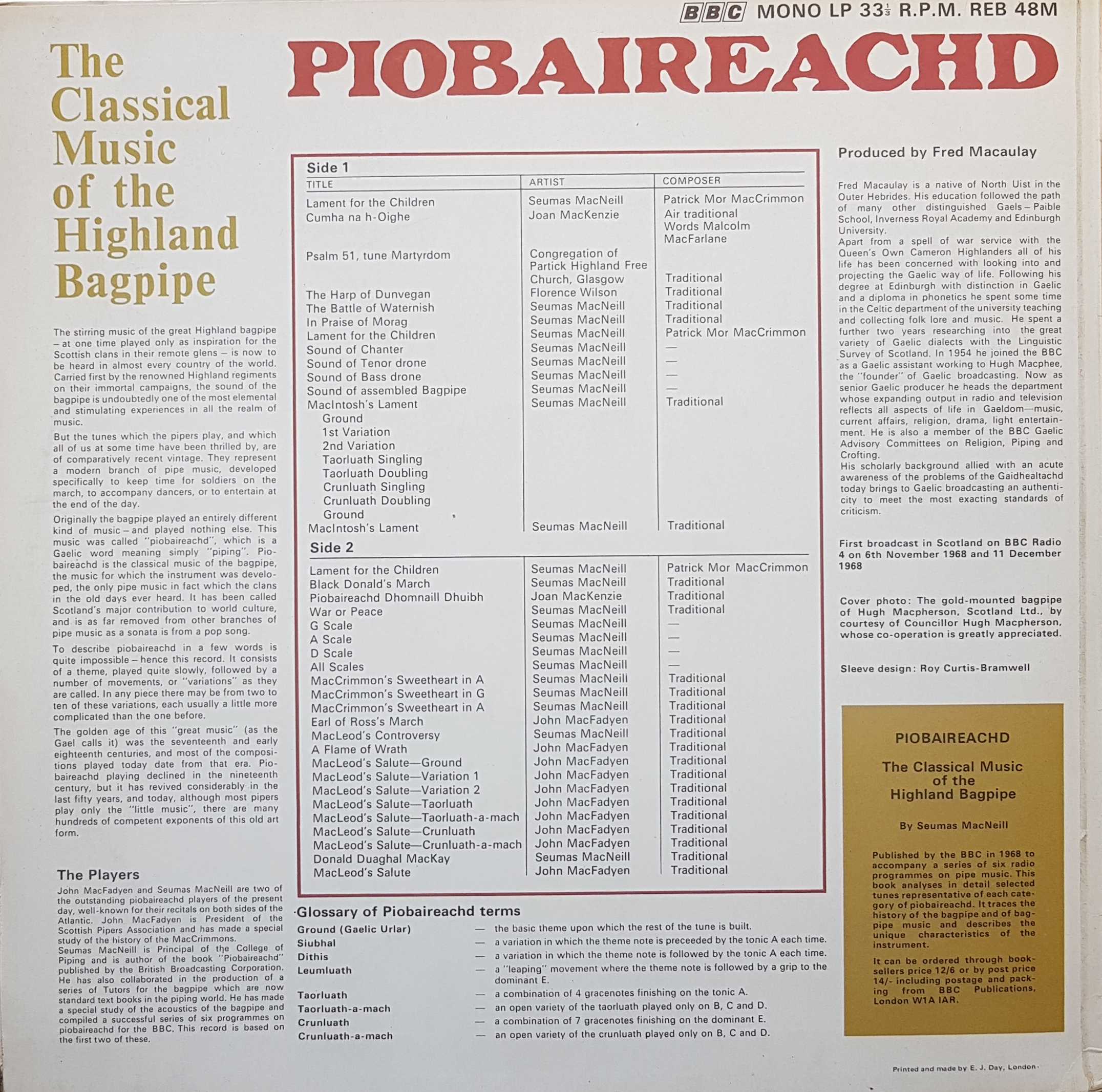 Picture of REB 48 Piobaireachd: The Classical Music Of the Highland Bagpipe by artist Various from the BBC records and Tapes library